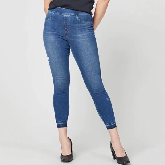 SPANX Distressed Ankle Skinny Jeans in Medium Wash - Picture 1 of 6